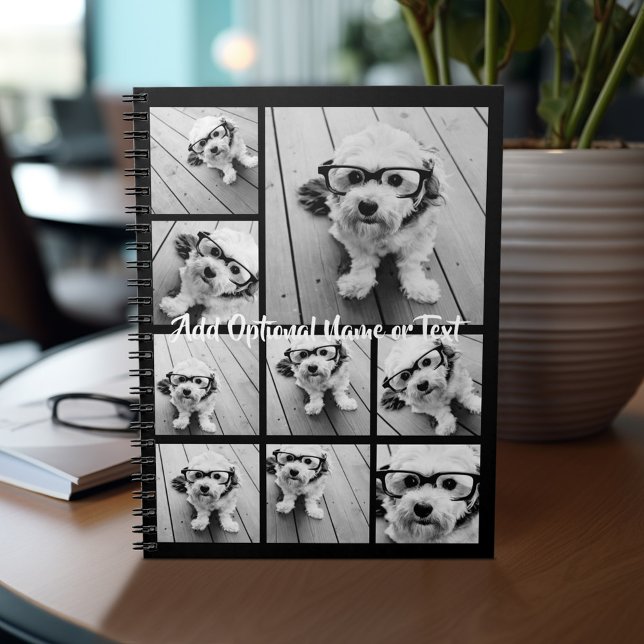 Caderno Espiral Colagem ao Quadrado de Fotos Preto 9 - com branco  (Personalized notebook with photos and text)