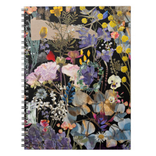 Caderno Espiral Colagem de flores silvestres multicoloridas elegan