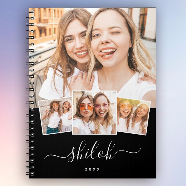 Caderno Espiral Colagem de Fotografias de Tendy Modern Script 4 Pe (Notebook magic! Your custom name, trendy script, and 4-photo collage diary!)