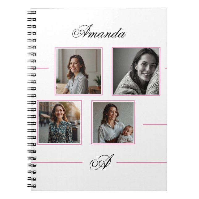 Caderno Espiral Colagem de Fotografias Elegante de Monograma Rosa  (Frente)
