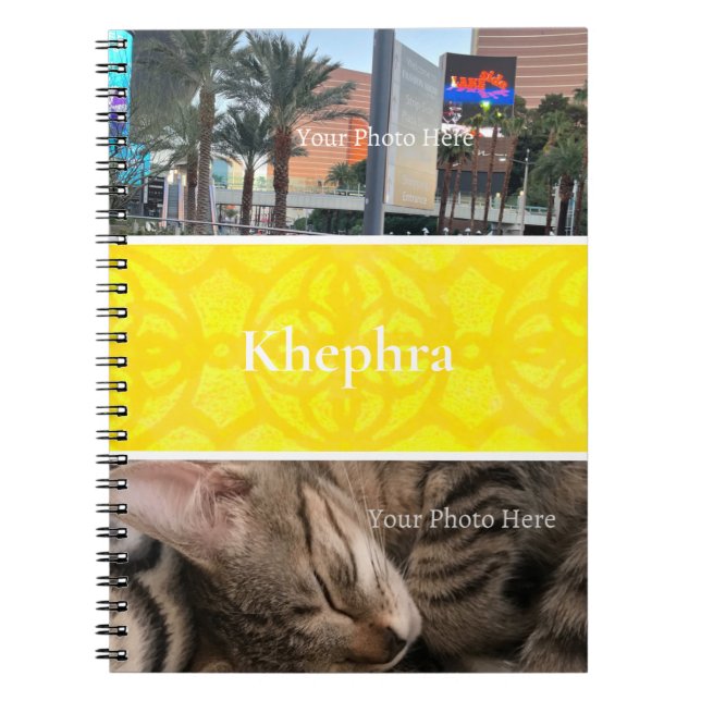 Caderno Espiral Colagem de Fotos Batik Amarelo-Brito, Borda, Nome (Frente)