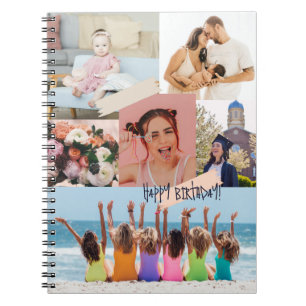 Caderno Espiral Colagem de fotos modernas Feliz aniversário