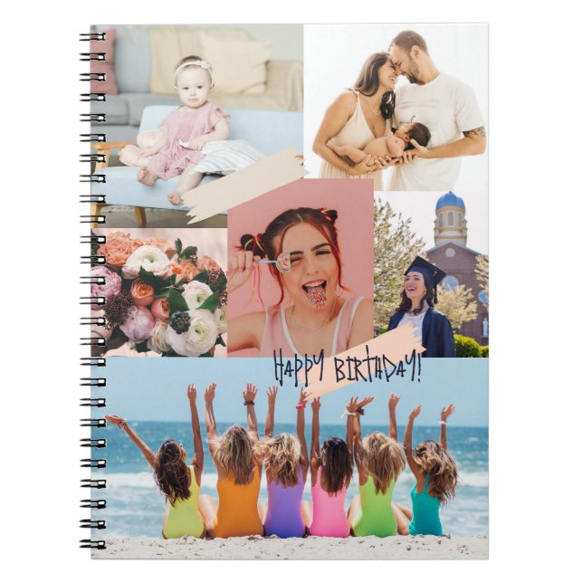 Caderno Espiral Colagem de fotos modernas Feliz aniversário (Frente)