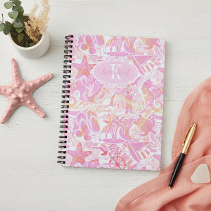 Caderno Espiral Colagem de praia náutica, rosa-quente, ID840