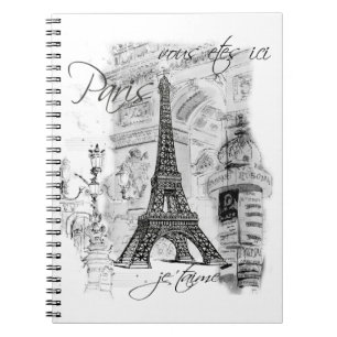 Caderno Espiral Colagem em Preto e Branco da Torre Eiffel de Paris