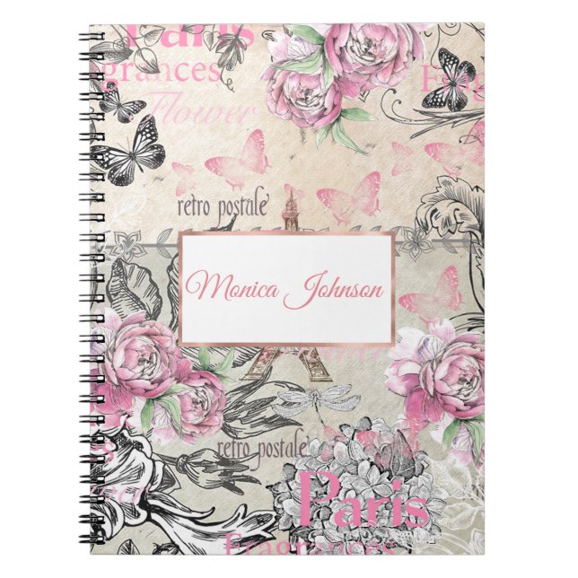 Caderno Espiral Colagem floral negra rosa Elegante Torre Eiffel (Frente)