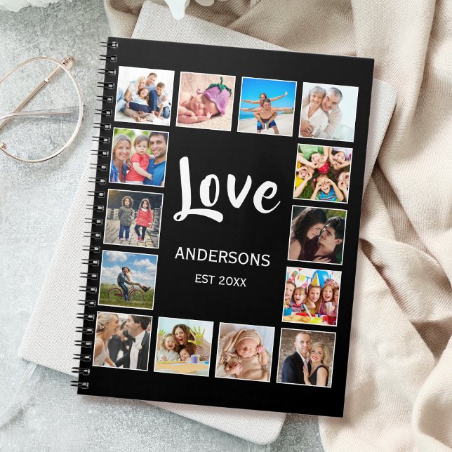 Caderno Espiral Colagem Personalizada de Fotos da Família em Preto (Criador carregado)