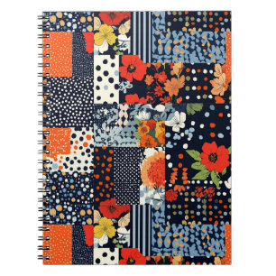 Caderno Espiral Colcha de retalhos florais em coral naval vintage