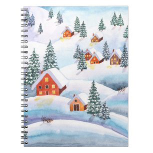 Caderno Espiral Colinas de neve, casas: paisagem aquática