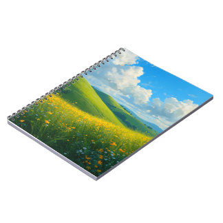 Caderno Espiral Colinas verdes vibrantes e paisagem de flores amar