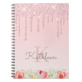 Caderno Espiral Colírio Dourado com Rosa Floral Monograma
