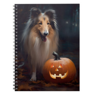 Caderno Espiral Collie Áspero de Halloween com Abóboras Assustador