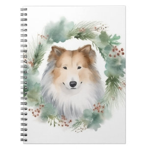 Caderno Espiral Collie Christmas Wreath Festivo Pup