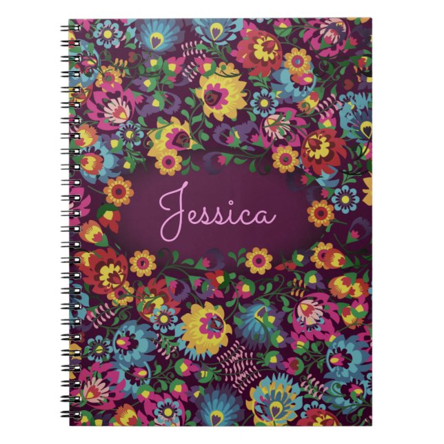 Caderno Espiral Colorful Busy Floral Pattern Purple Personalised (Frente)