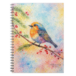 Caderno Espiral Colorful Winter Songbird on Berry Branch Watercolo