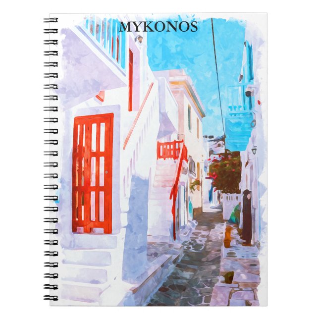 Caderno Espiral Colorida Grécia Mykonos Retro Viagem Watercolor (Frente)