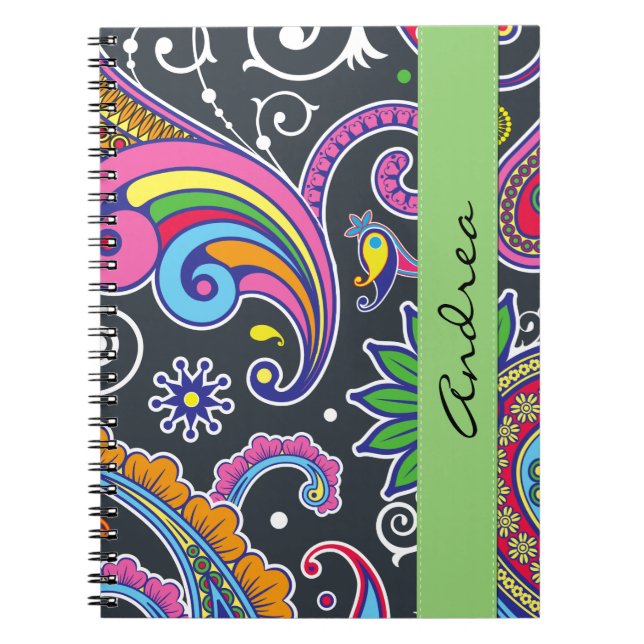 Caderno Espiral Colorida Paisley, Paisley Pattern, Seu Nome (Frente)