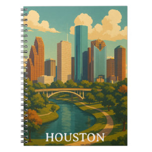Caderno Espiral Colorida Vintage Houston Texas Skyline