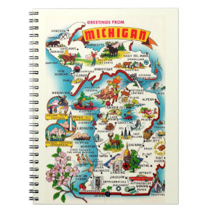 Caderno Espiral Colorir Mapa de Michigan Vintage