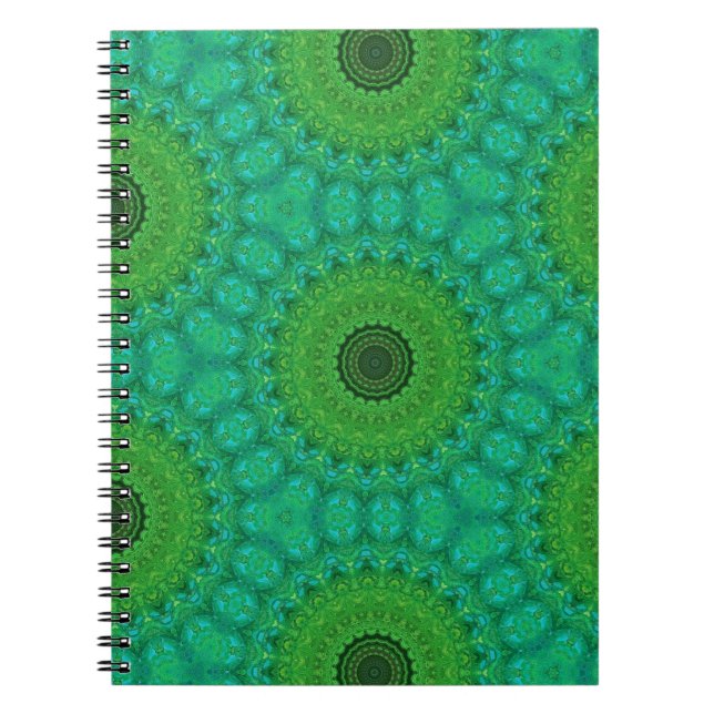 Caderno Espiral com Padrão Circular Verde e Azul (Frente)