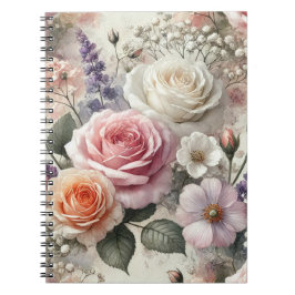 Caderno Espiral com Padrão de Rosa Rosa e Branca E