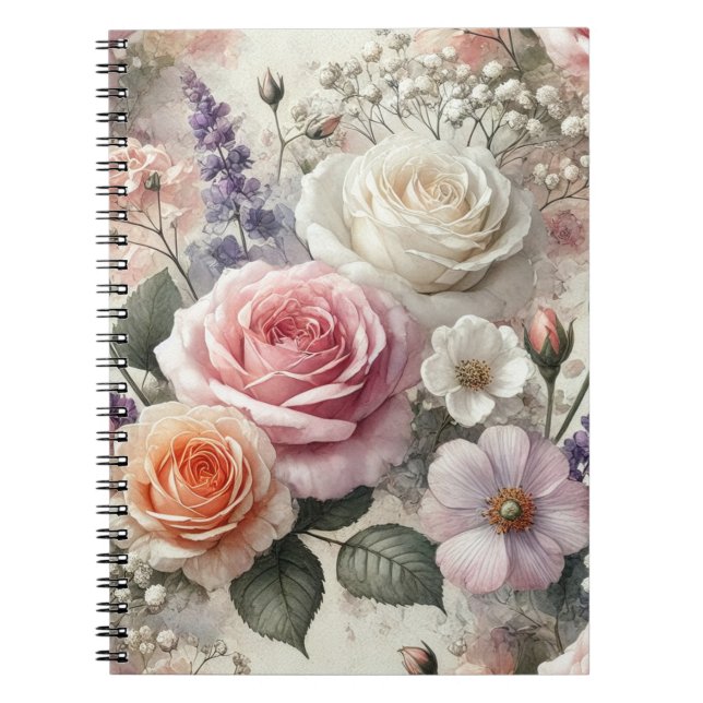 Caderno Espiral com Padrão de Rosa Rosa e Branca E (Frente)