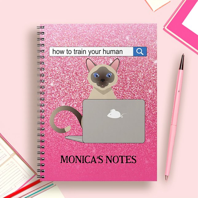 Caderno Espiral Comboio Seu Glitor Rosa Rosa Rosa, Siamês, Engraça (Train Your Human Funny Siamese Cat Pink Glitter Notebook)