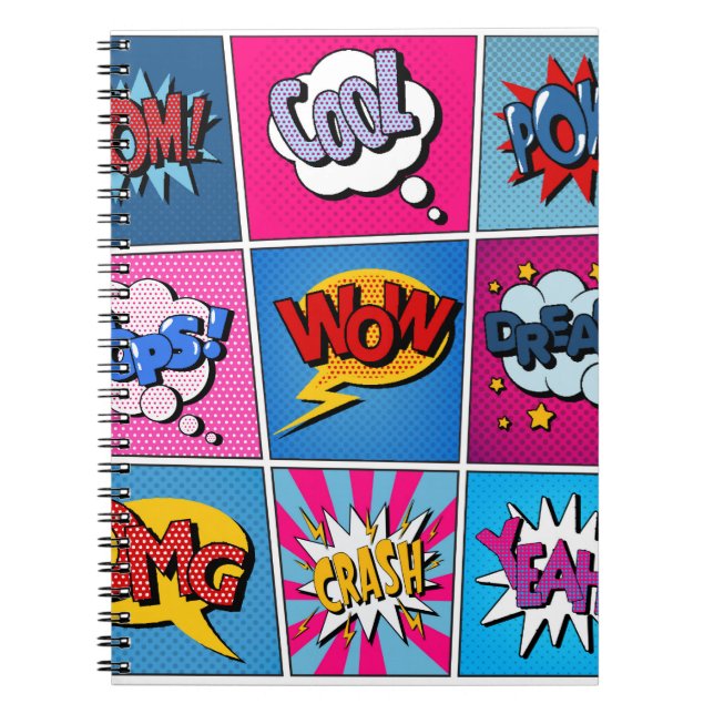 Caderno Espiral Comic Bubbles Set. Expressões Bom, Legal, Poa, Oop (Frente)