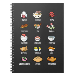 Caderno Espiral Comida asiática e crua Kawaii Sushi Rice Fish Rame