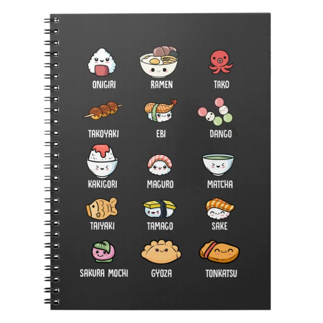 Caderno Espiral Comida asiática e crua Kawaii Sushi Rice Fish Rame (Frente)