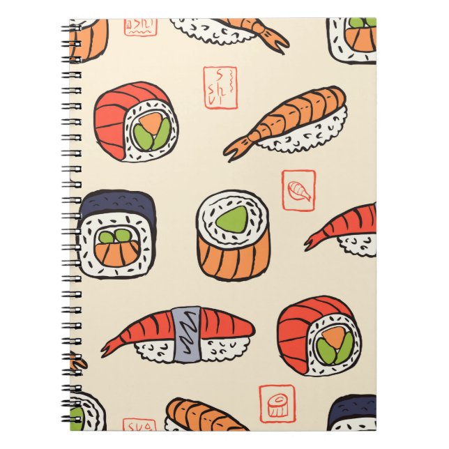 Caderno Espiral Comida sushi, design de padrão uniforme. (Frente)