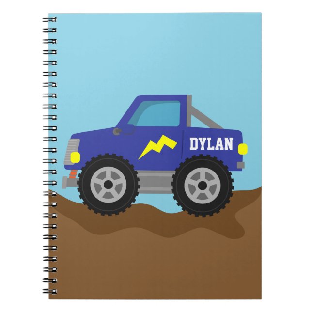 Caderno Espiral Competindo o monster truck azul, para meninos (Frente)