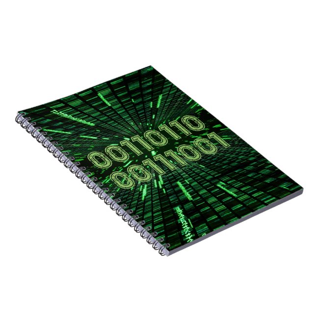 Caderno Espiral Computação verde vibrante com código binário 69 do (Lado Direito)
