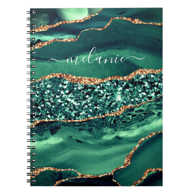 Caderno Espiral Computador portátil Glitter Verde Dourado, Seu Nom (Frente)