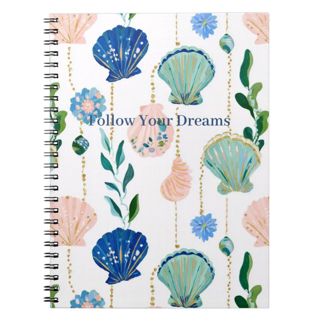 Caderno Espiral Conchas Florais de Pêssego Azul (Frente)