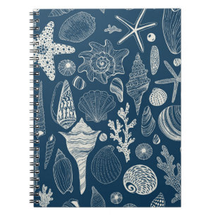 Caderno Espiral Conchas marítimas em azul escuro