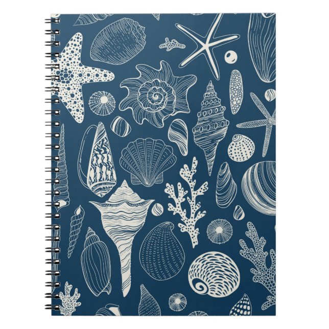 Caderno Espiral Conchas marítimas em azul escuro (Frente)