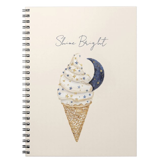 Caderno Espiral Cone de Sorvete Lua Estrelas Azuis Dourado   (Frente)