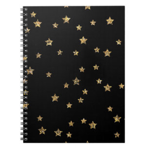 Caderno Espiral Confetti ouro astros brilham brilhando preto elega