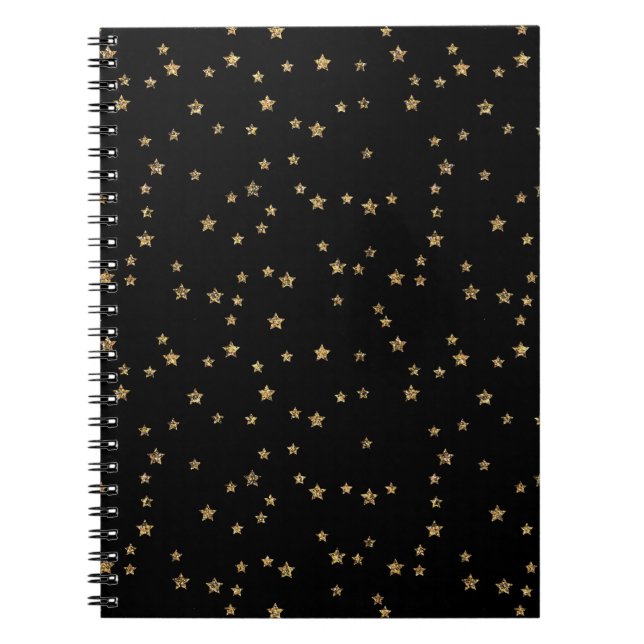 Caderno Espiral Confetti ouro astros brilham brilhando preto elega (Frente)