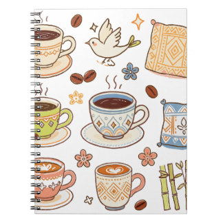 Caderno Espiral Conjunto de Desenhos à Mão de Café e Arte Folclóri