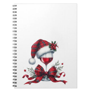 Caderno Espiral Copo de Vinho Xadrez Vermelho de Natal Elegante co