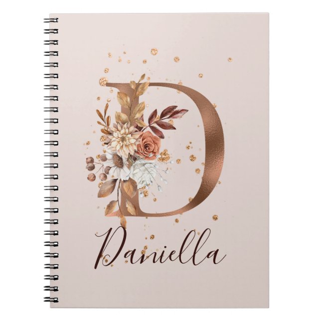 Caderno Espiral Copper Autumn Floral - Letra D Flores De Queda (Frente)