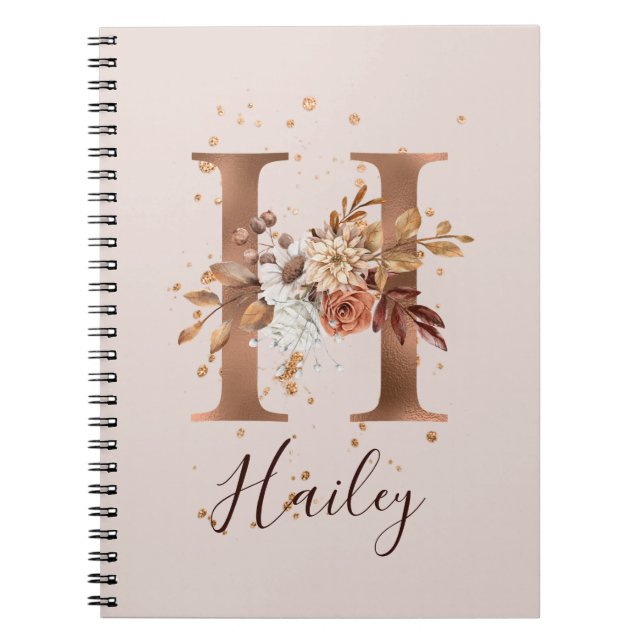 Caderno Espiral Copper Autumn Floral - Letra H Flowers (Frente)