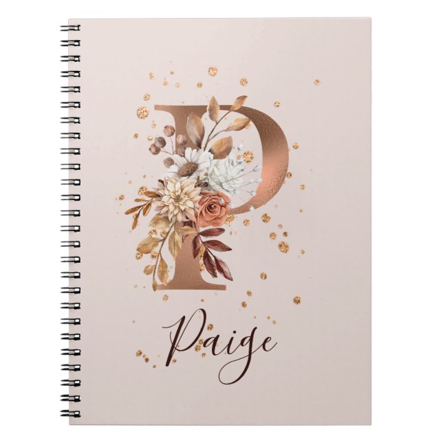 Caderno Espiral Copper Autumn Floral - Letra P Fall Flowers (Frente)