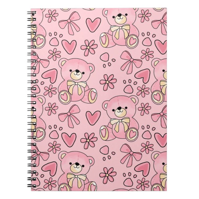Caderno Espiral  Coquette Pink Teddy Bear Seamless Pattern (Frente)