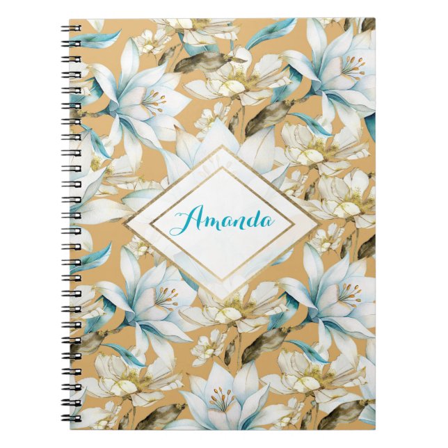 Caderno Espiral Cor d'água botânica, azul, branco, amarelo, lírio  (Frente)