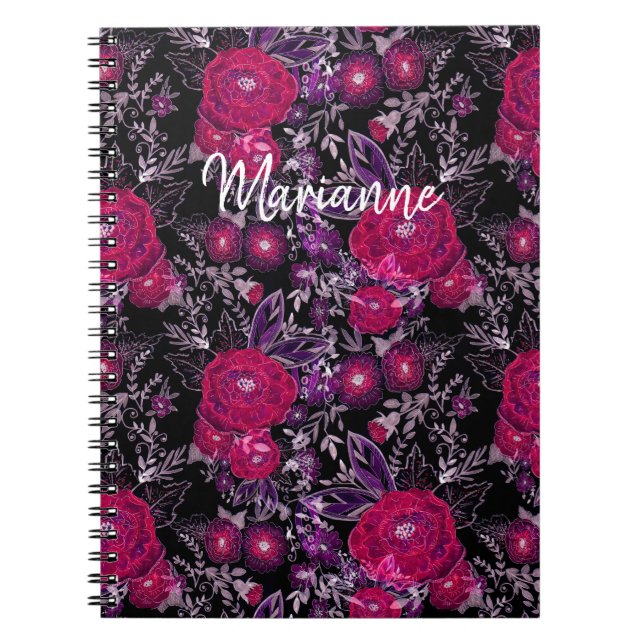 Caderno Espiral Cor d'água esboçada flores roxas escuras e pretas (Frente)
