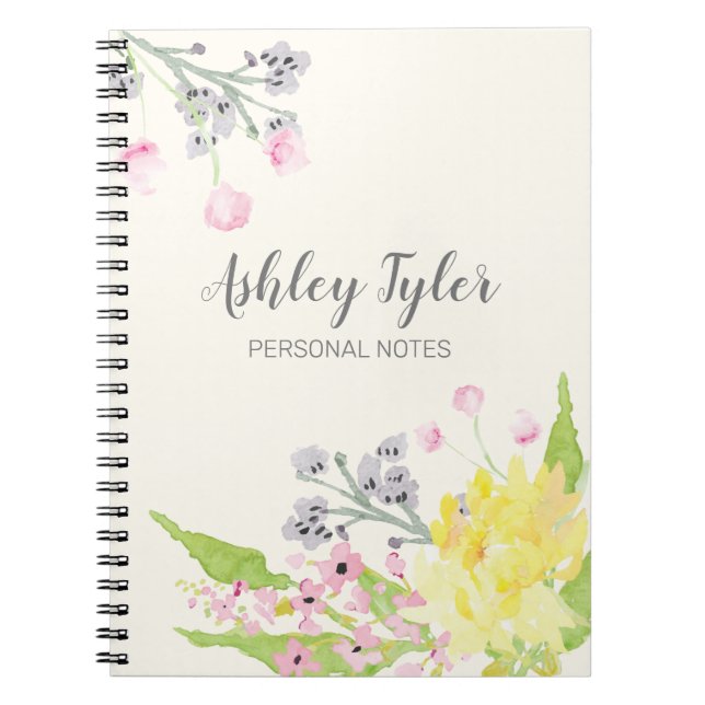 Caderno Espiral Cor d'água rosa floral giro e giro personalizado (Frente)
