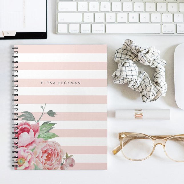 Caderno Espiral Cor d'água rosa, Peony & Blush Stripe (Criador carregado)